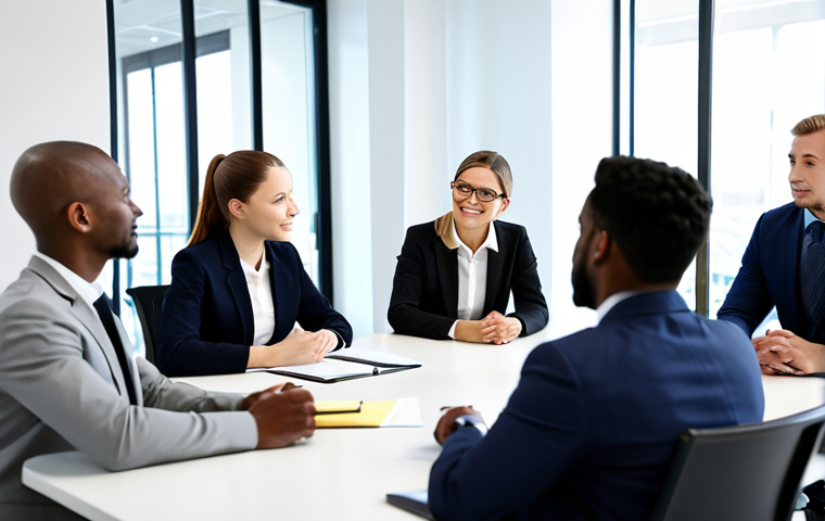 **
"A diverse team of professionals collaborating in a modern office. A businesswoman in a modest business suit leads a meeting, while team members from various ethnic backgrounds contribute ideas. The atmosphere is positive and inclusive, reflecting a culture that values diversity and teamwork. Safe for work, appropriate content, fully clothed, professional, modest, perfect anatomy, natural proportions, high quality."
**