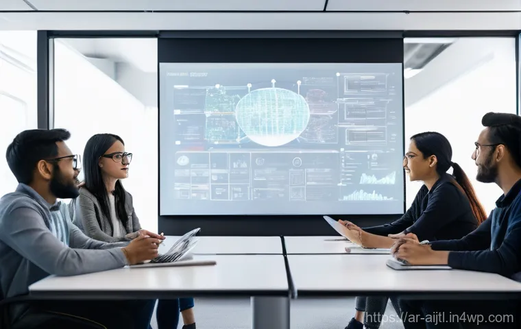 AI 바이어스 감지의 최신 기술 동향 - **"A vibrant, high-tech conference room where a diverse team of five AI developers – including indiv...