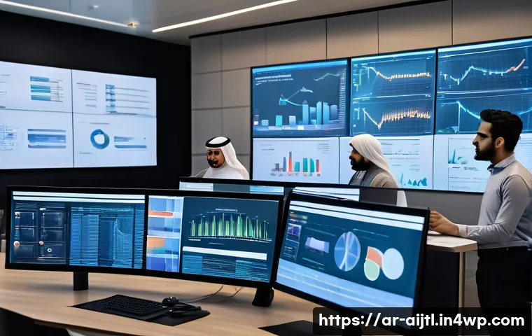AI 바이어스 감지 알고리즘의 발전 - A modern Arabic office environment showcasing a diverse team of professionals collaborating on AI bi...