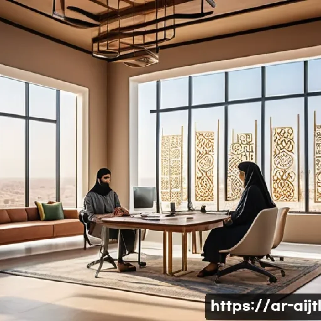 AI 시스템에서의 편향성을 줄이기 위한 벤처 기업 사례 - A modern startup office scene in a Middle Eastern city, featuring diverse Arab professionals collabo...