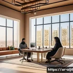 AI 시스템에서의 편향성을 줄이기 위한 벤처 기업 사례 - A modern startup office scene in a Middle Eastern city, featuring diverse Arab professionals collabo...